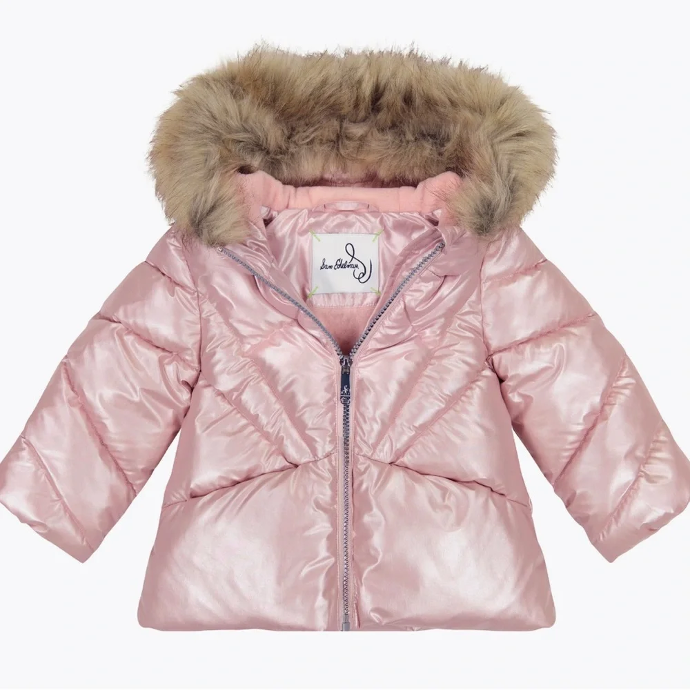 Sam Edelman Girls’ Rose Gold Metallic Fur Trim Puffer Jacket